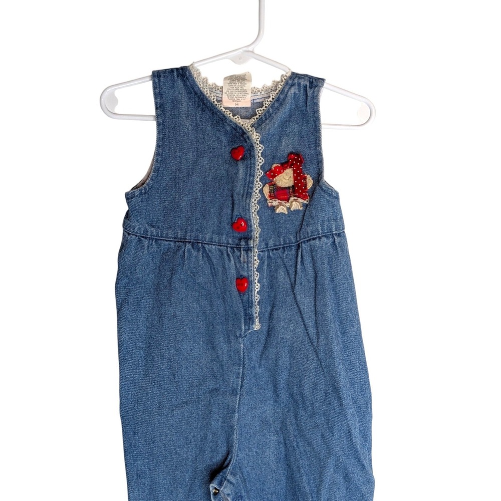 Vintage Denim Teddy Bear Jumper Dress Red Heart Buttons Lace Trim 18M Hopscotch